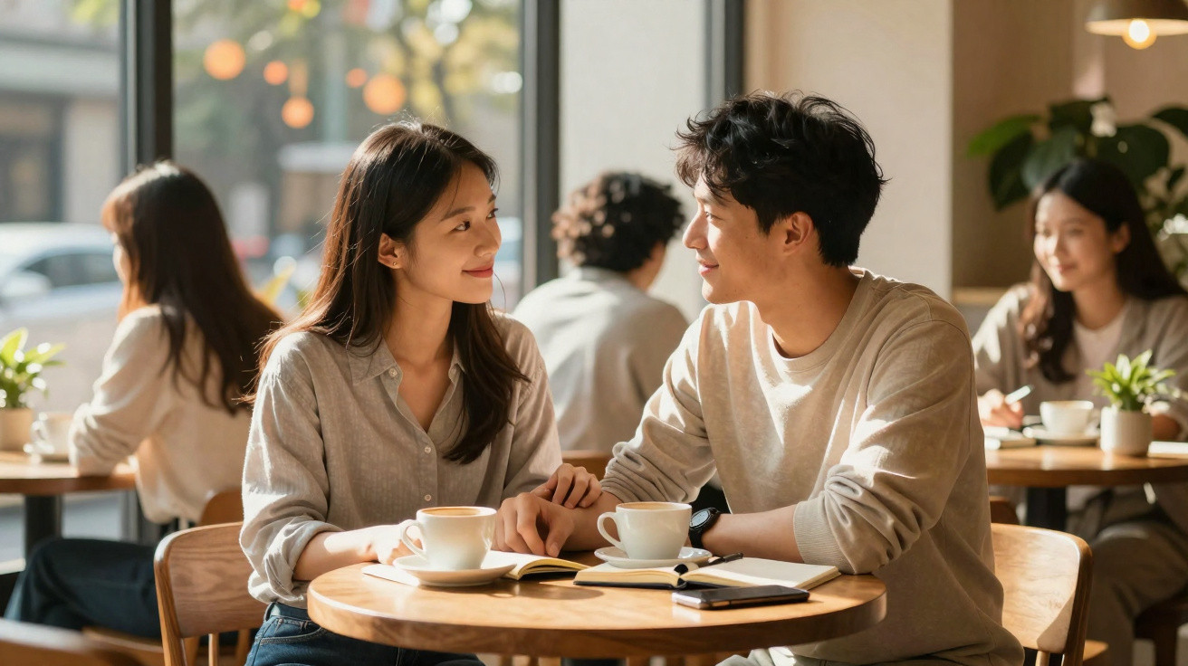 Casal jovem sentado numa cafetaria a conversar, com chávenas de café e livros sobre a mesa.