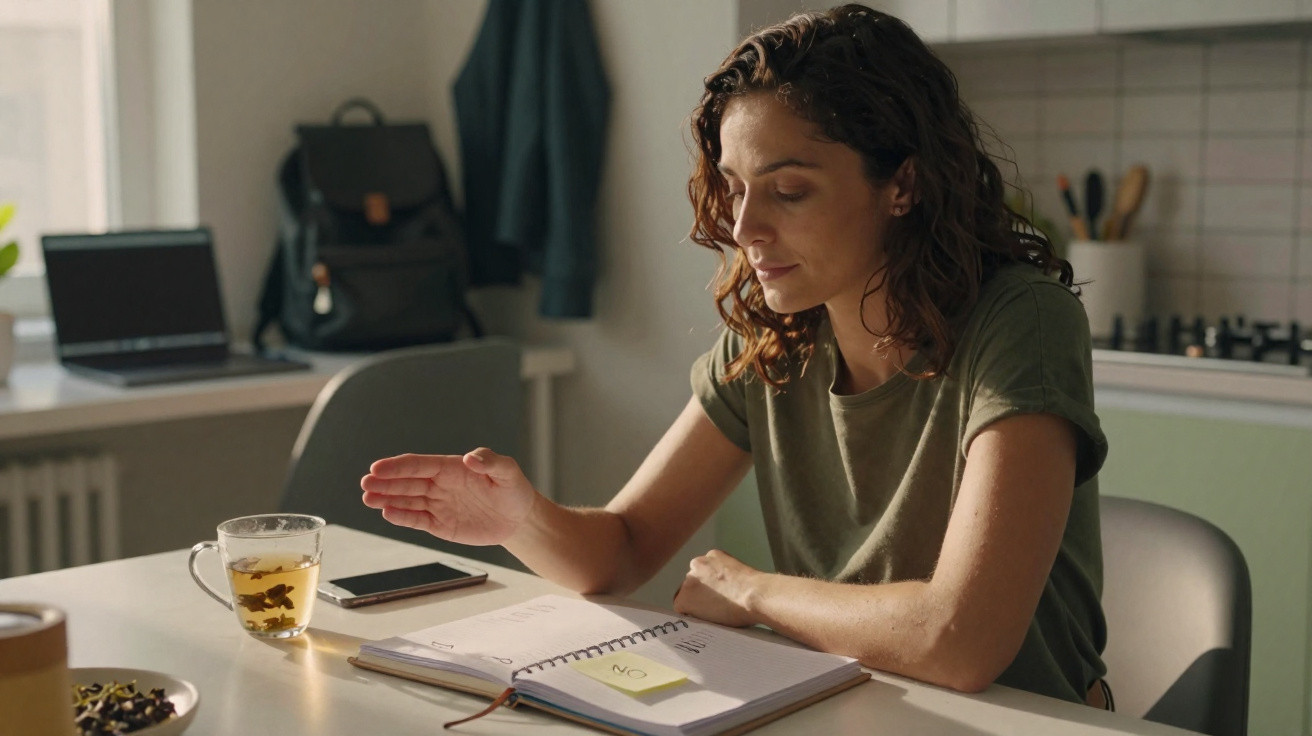 Mulher com cabelo encaracolado a estudar numa mesa com chá e caderno aberto numa cozinha.