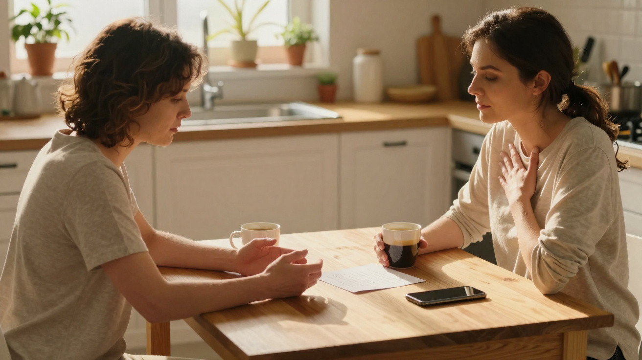 Duas mulheres conversam sentadas à mesa de cozinha com café e um papel entre elas.