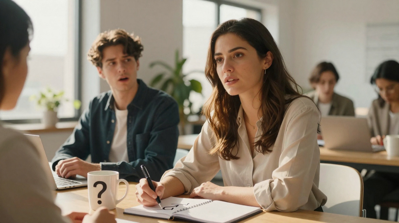 Jovens em reunião de trabalho, uma mulher a escrever num caderno e um homem a observar surpreendido.