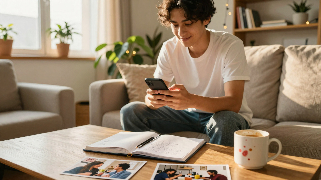 Jovem sentado no sofá a usar telemóvel com caderno aberto e fotografias numa mesa de madeira à frente.