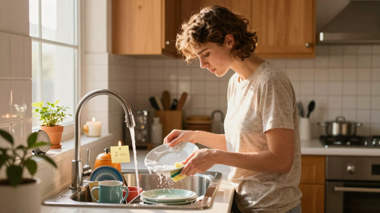 Mulher lava loiça à mão numa cozinha moderna com luz natural pela janela.