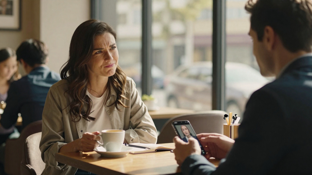 Mulher séria conversa com homem que mostra foto dela no telemóvel, sentados num café.