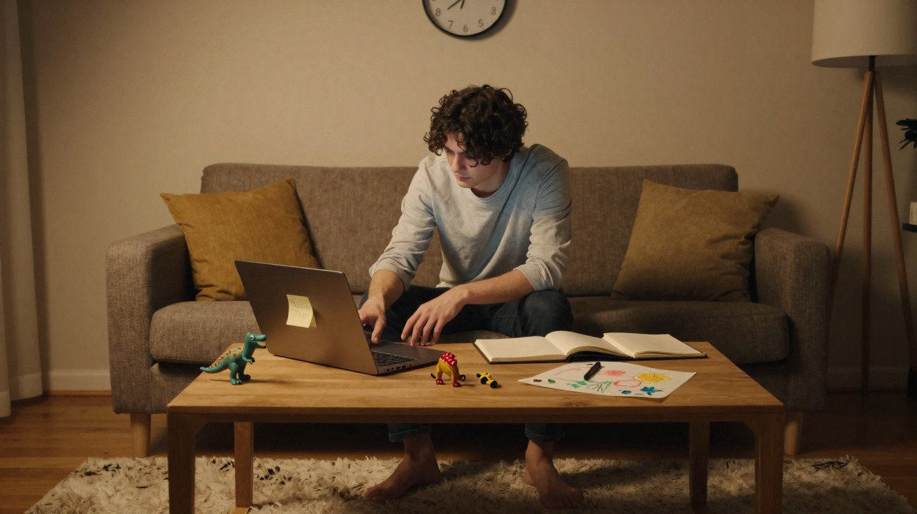 Jovem sentado no sofá a usar um computador portátil numa sala com mesa de madeira e brinquedos.