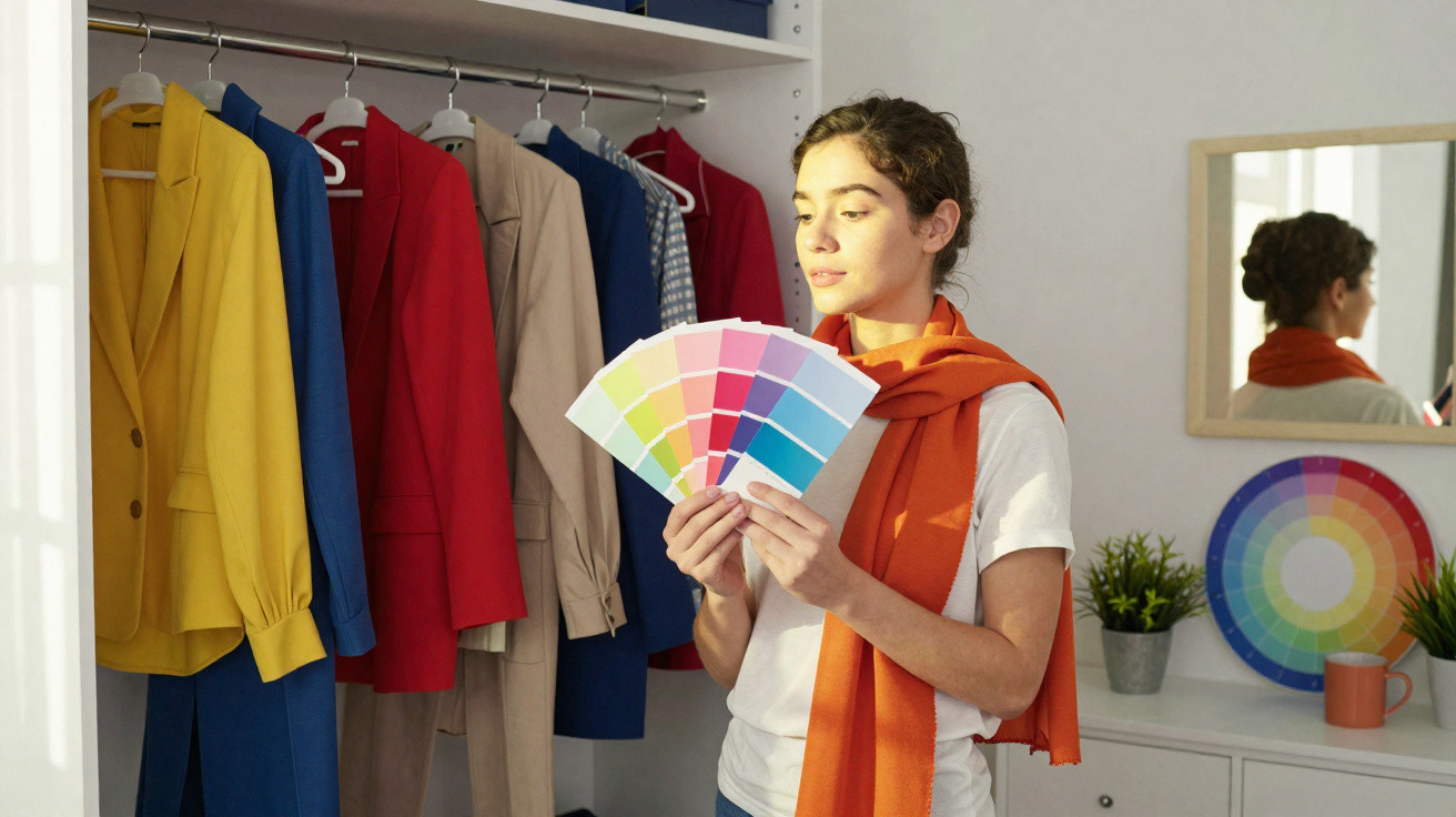 Mulher segurando amostras de cores de roupa em armário com casacos coloridos pendurados.