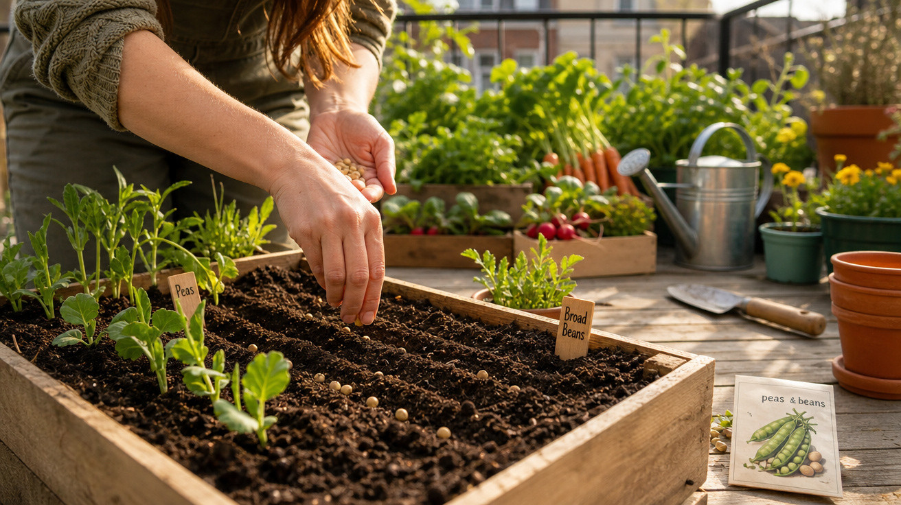 Pessoa a semear feijões numa horta elevada com plantas e ferramentas de jardinagem ao fundo.