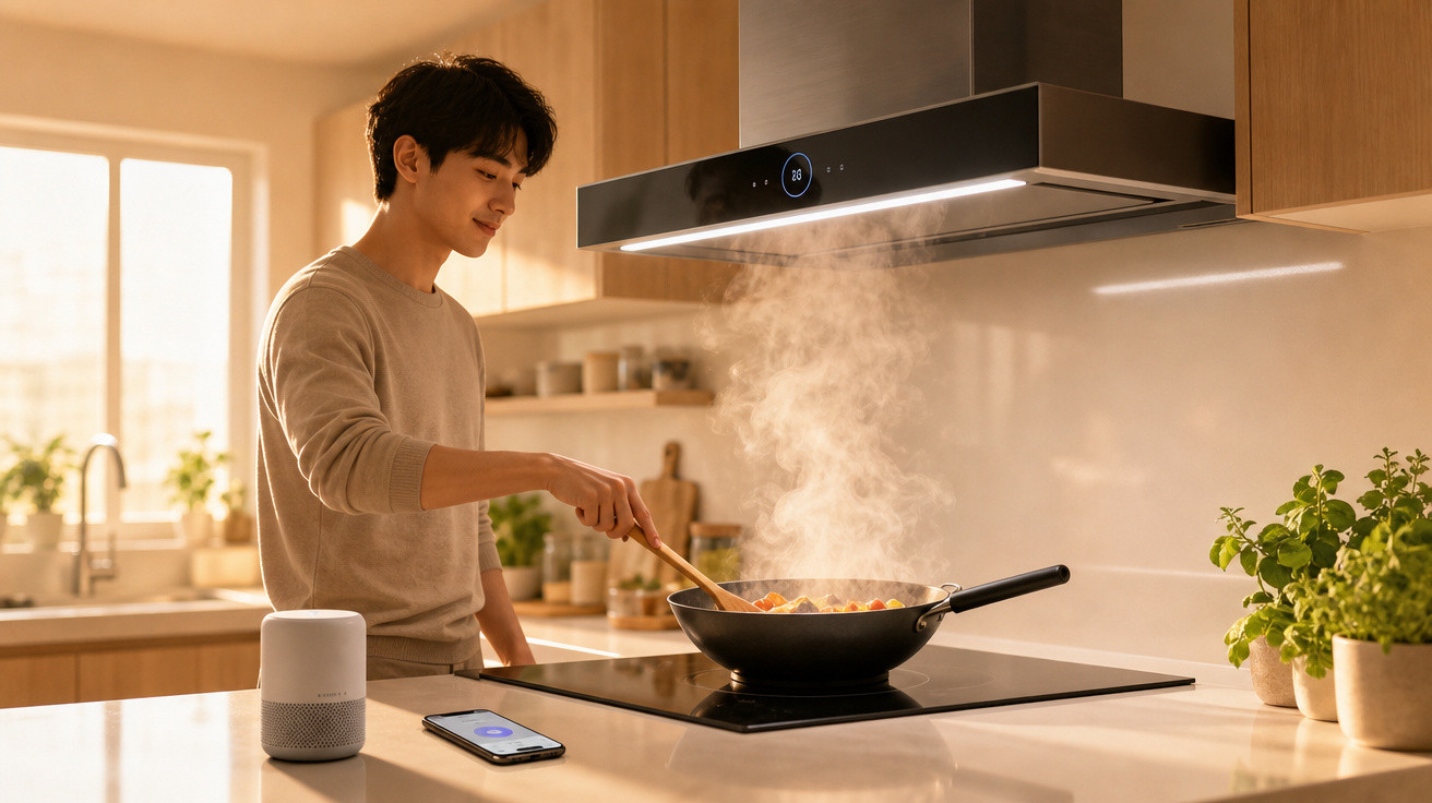 Homem a cozinhar numa cozinha moderna com vapeiro e comando de voz inteligente na bancada.