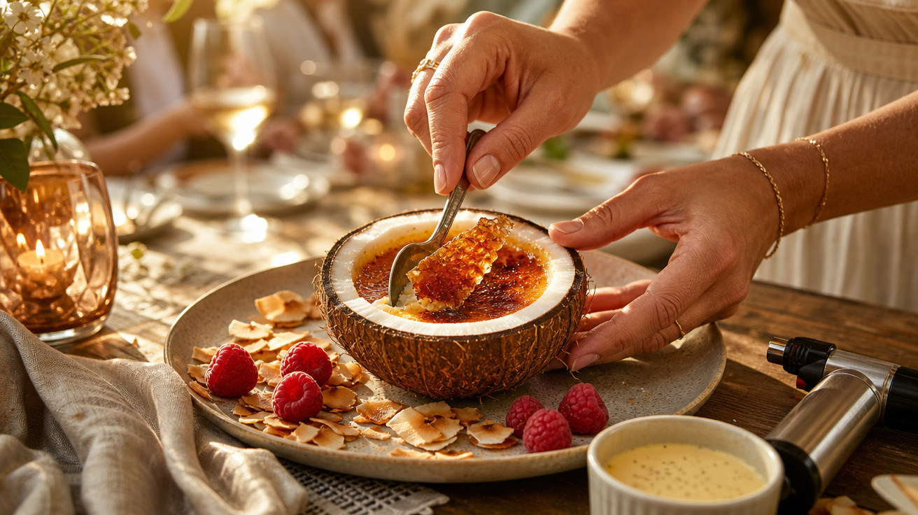 Pessoa a servir creme brûlée numa casca de coco com framboesas e lascas de amêndoa numa mesa posta.