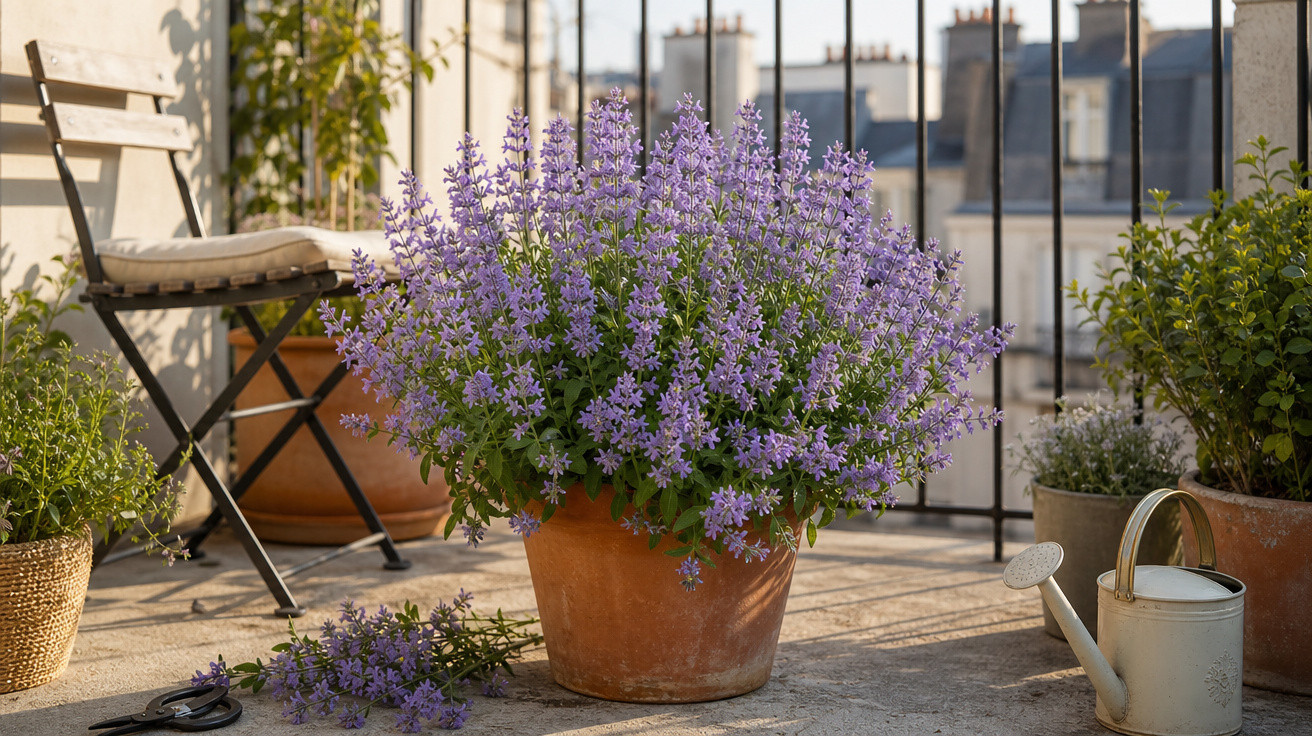 Varanda com vaso de flores roxas, regador, cadeira de madeira e plantas em vasos ao sol.