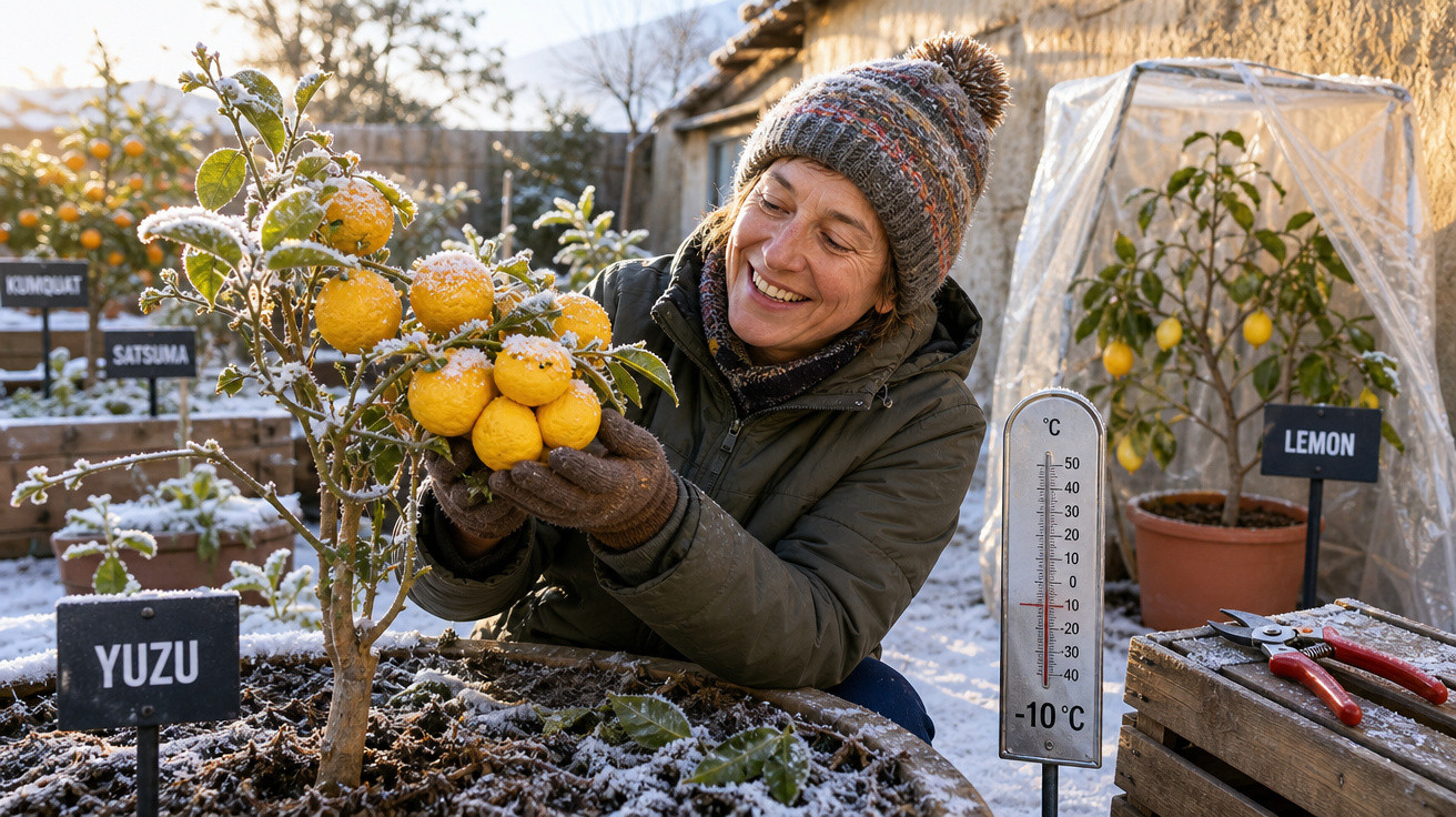 Mulher sorridente colhendo frutos amarelos num pequeno pomar com geada e termómetro marcado -10°C.