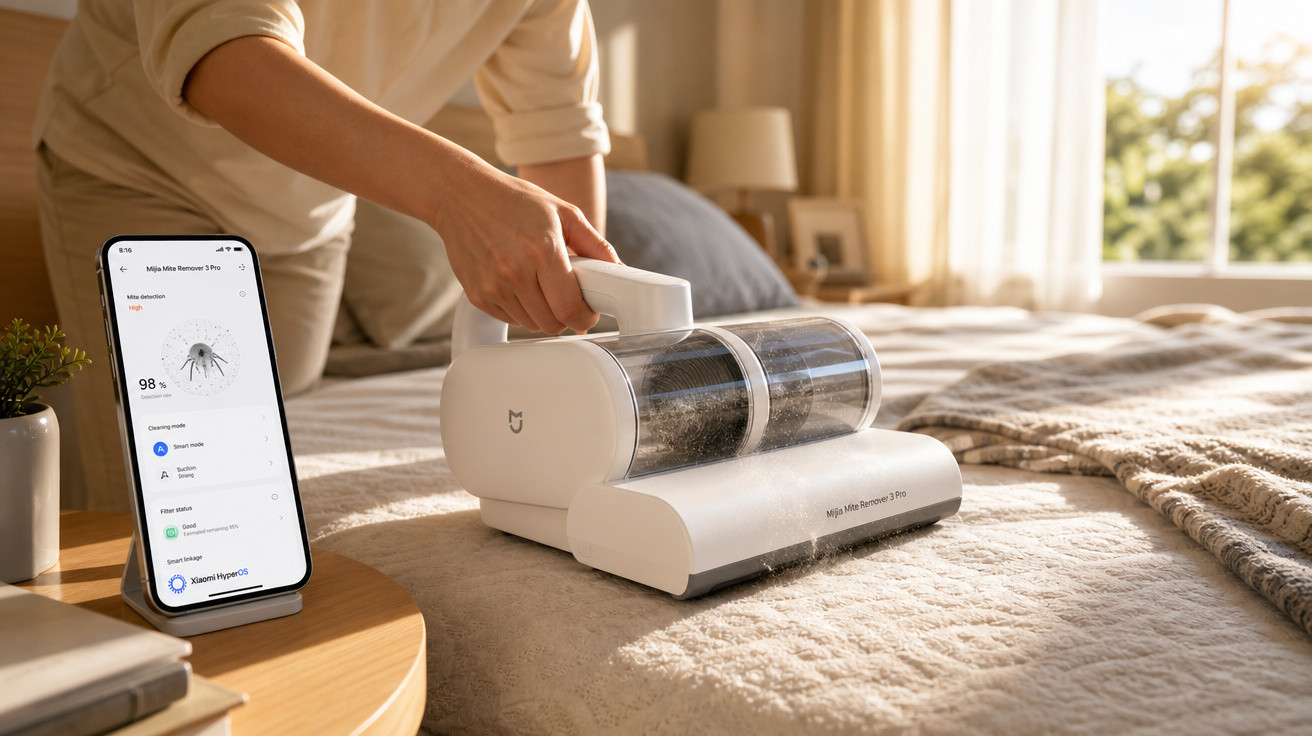 Pessoa a usar aspirador portátil branco para remover ácaros de um colchão, com telemóvel a mostrar estatísticas na mesa ao la