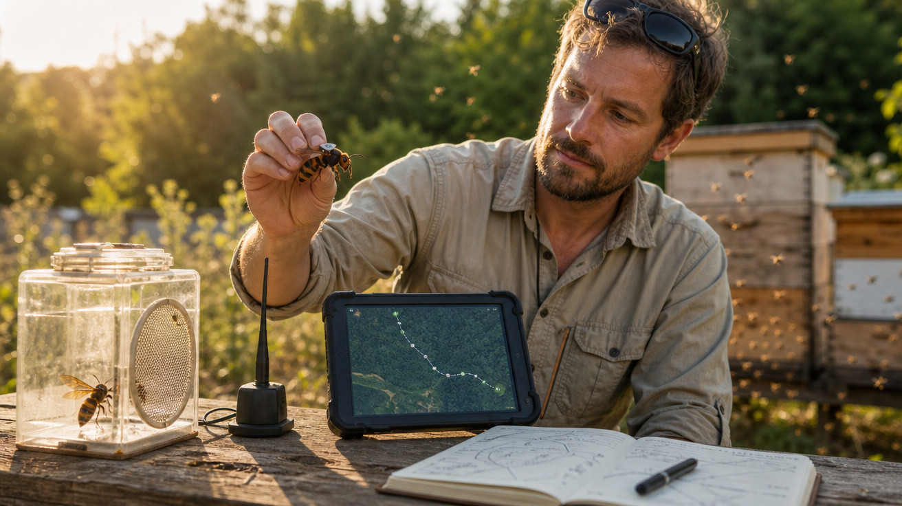 Apicultor a examinar uma abelha, com tablet, cadernos e colmeias ao ar livre ao pôr do sol.