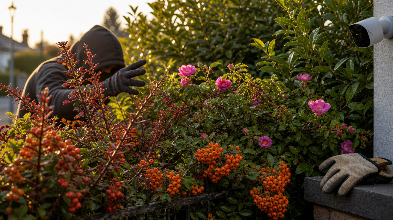 Pessoa com capuz e luvas a tentar espreitar por um portão de jardim com flores e arbustos.