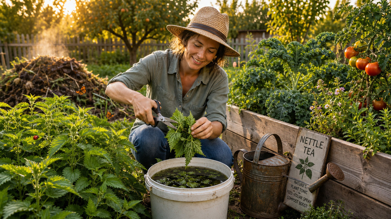Mulher a colher urtigas para preparar chá em jardim com legumes e regador ao lado, ao pôr do sol.