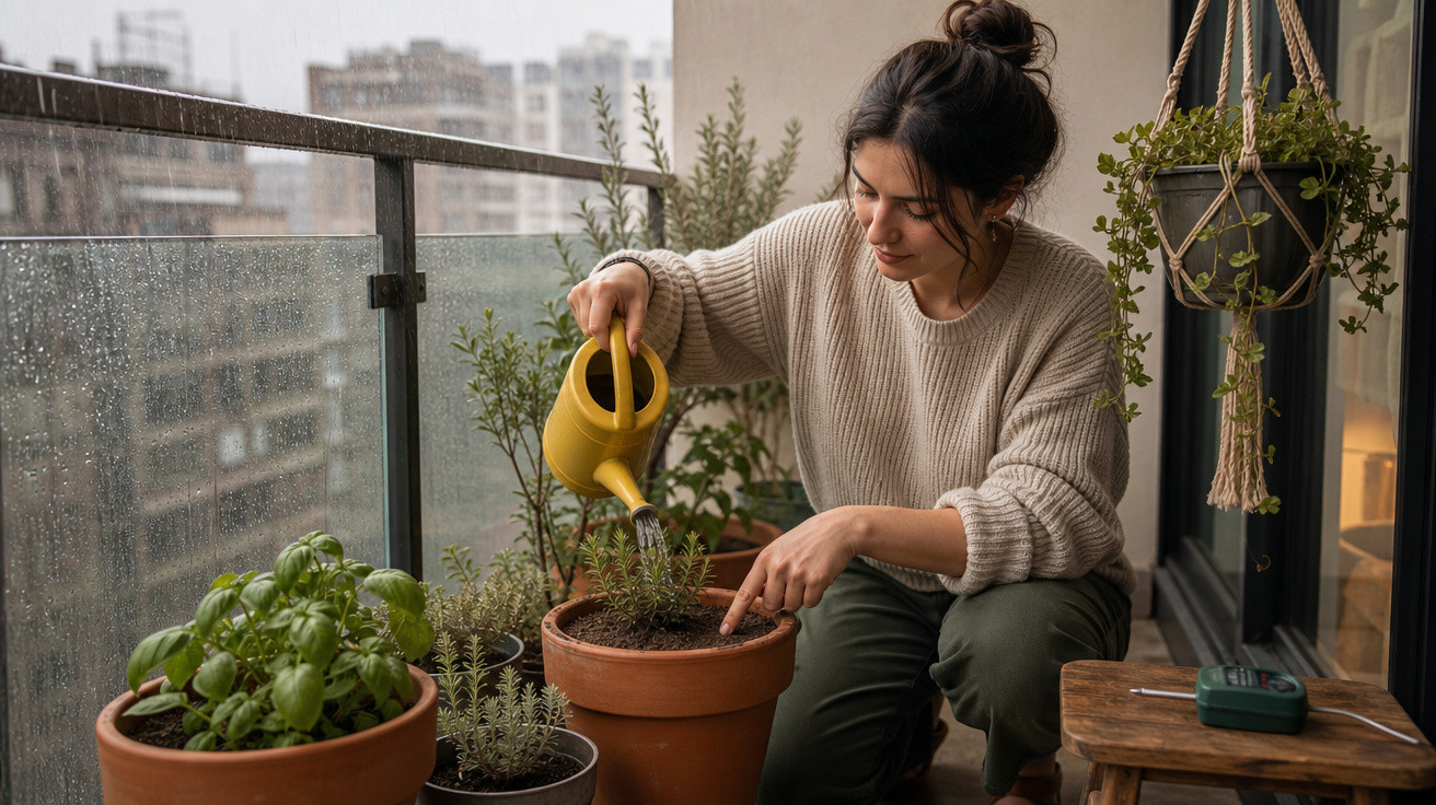 Mulher rega plantas num vaso num varandas com chuva e céu nublado ao fundo.