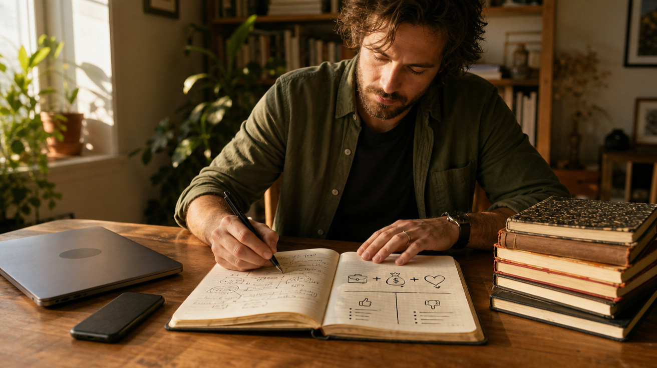 Homem escreve num caderno com desenhos e símbolos, ao lado de livros empilhados, telemóvel e computador portátil.