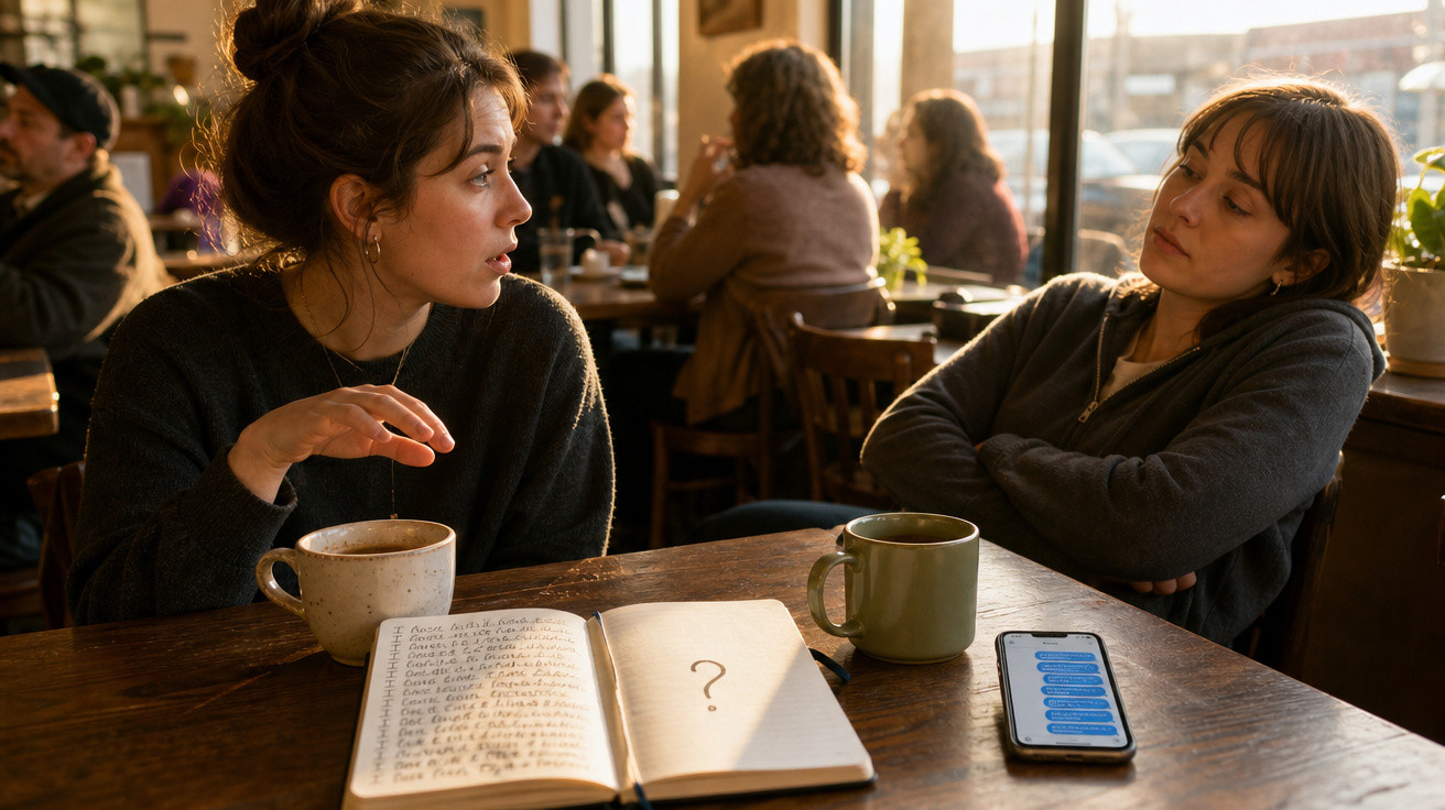 Duas mulheres conversam numa mesa de café com um caderno aberto, chá quente e telemóvel com mensagens visíveis.