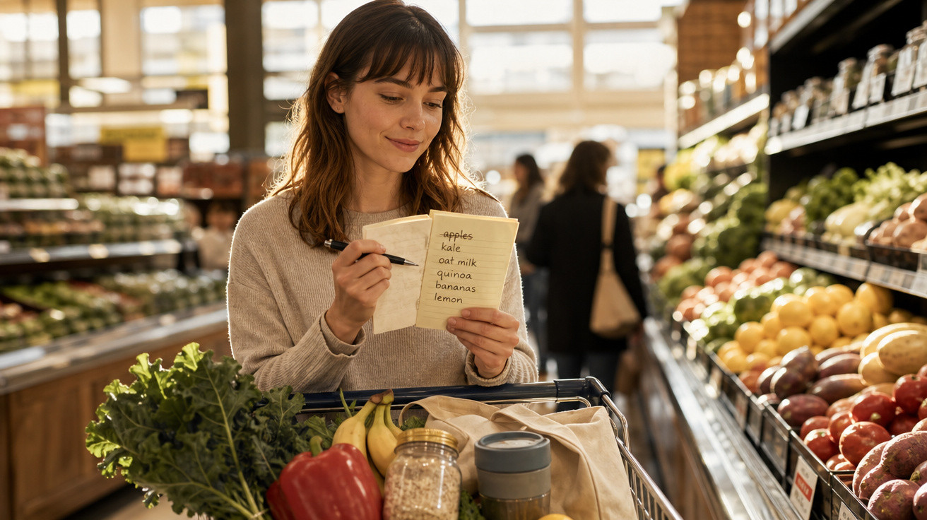 Mulher a fazer compras no supermercado, segurando uma lista com produtos e um carrinho cheio de frutas e legumes.