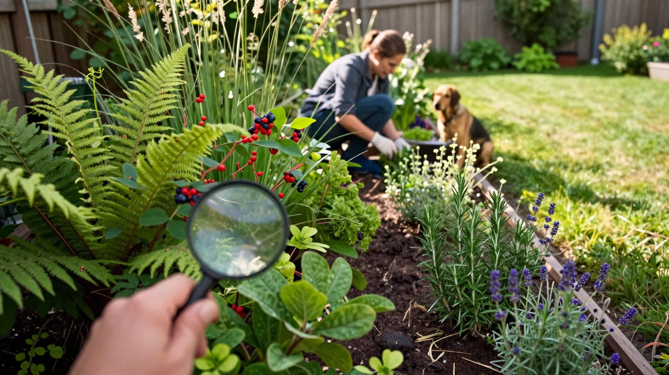 Mãos seguram lupa para observar plantas num jardim, pessoa e cão ao fundo a cuidar das plantas.