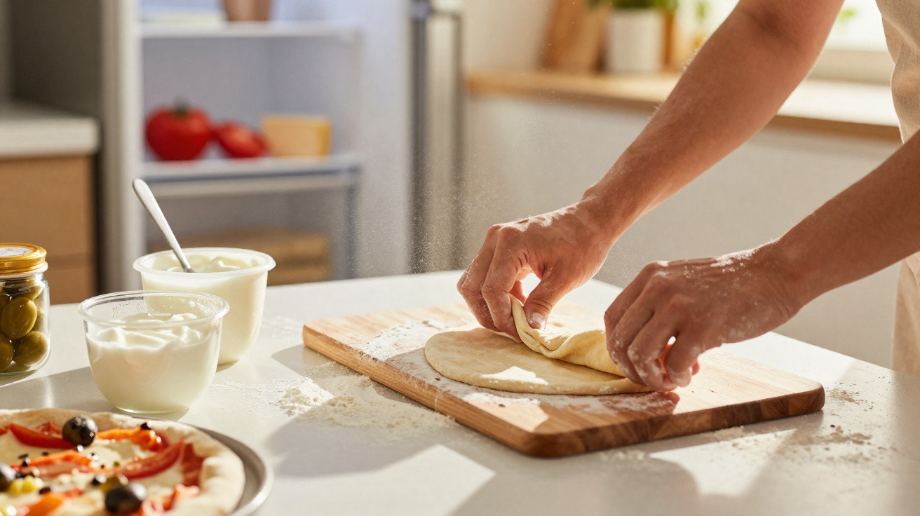 Mãos estendendo massa de pizza sobre tábua de cortar numa cozinha iluminada e organizada.