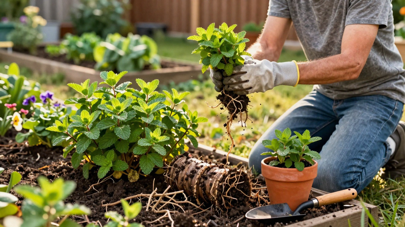 Pessoa a transplantar planta com raízes da horta para vaso de barro, usando luvas de jardinagem.