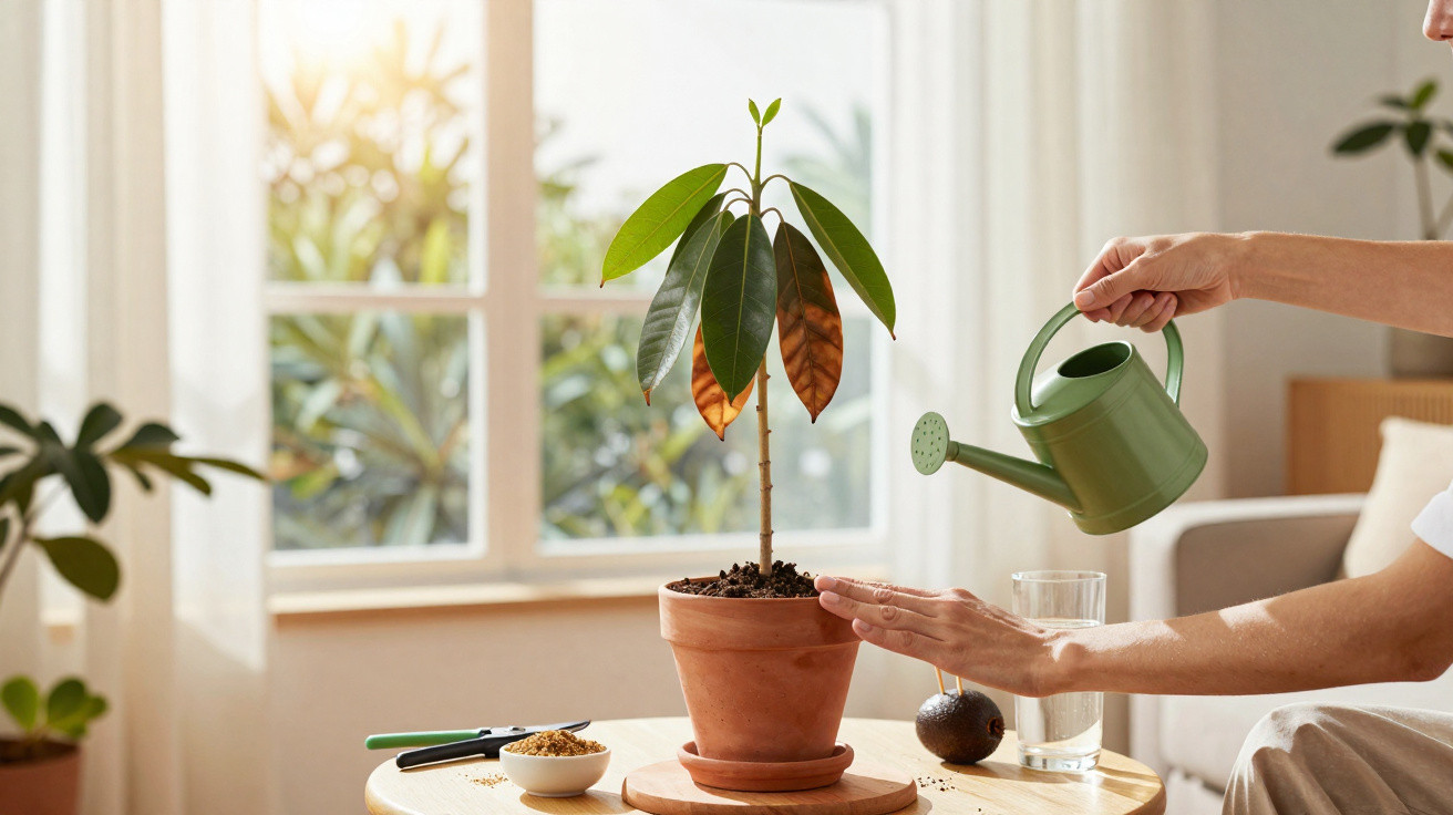 Pessoa a regar planta com folhas secas numa sala iluminada com luz natural.