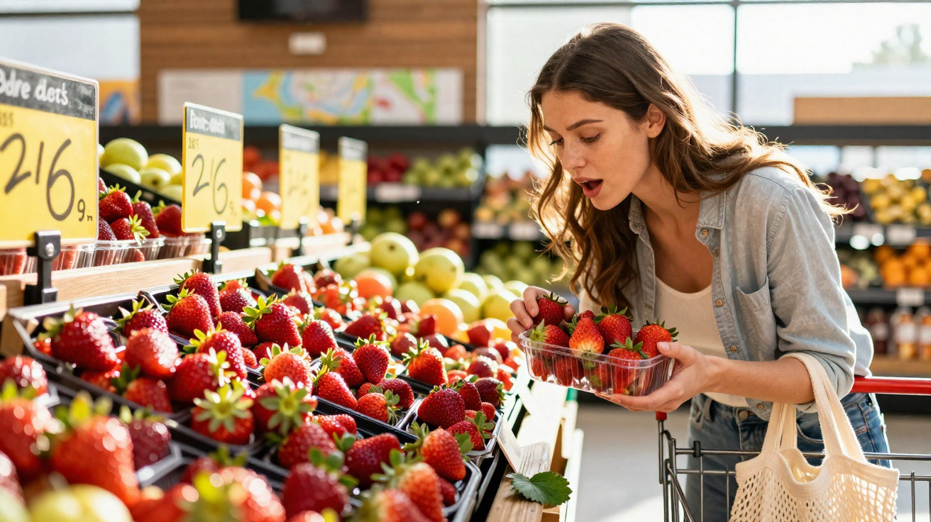 Mulher jovem em supermercado a escolher morangos frescos na secção de frutas.