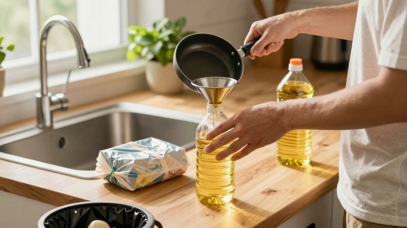 Pessoa a verter óleo de cozinha de uma panela para uma garrafa transparente na cozinha.