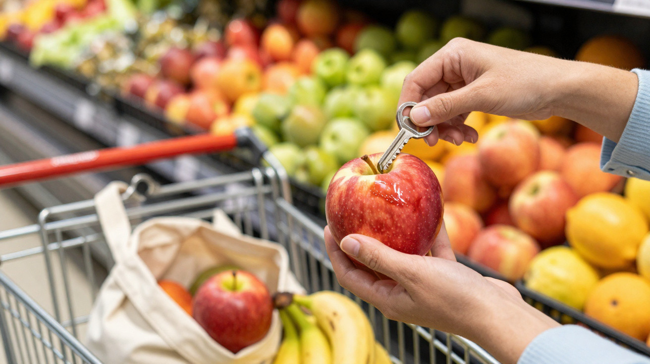 Pessoa a usar chave para furar maçã vermelha num supermercado, carrinho com frutas ao fundo.