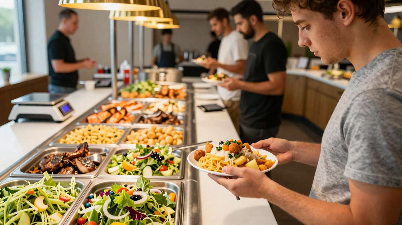 Jovem a servir-se de comida variada num buffet self-service com várias pessoas em fila.