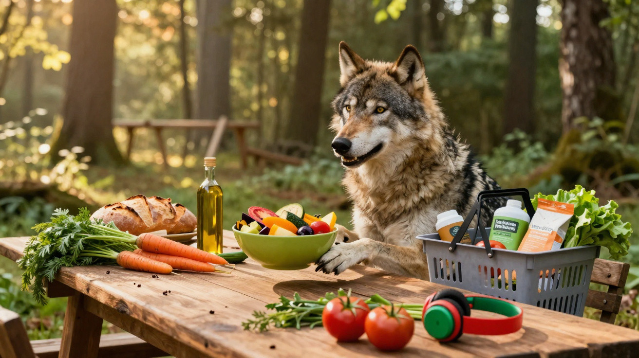 Lobo sentado numa mesa de piquenique com legumes, pão, azeite e cesto de compras na floresta.