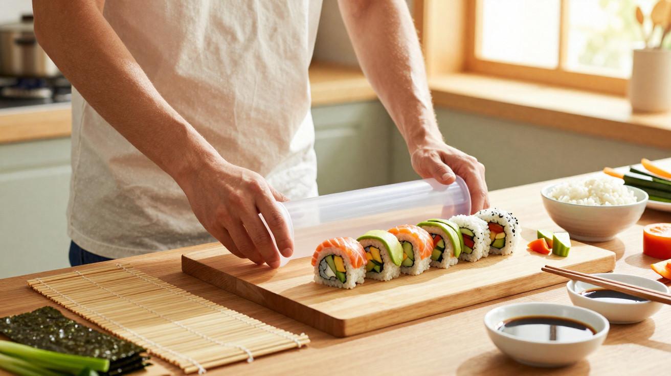 Pessoa a preparar sushi numa tábua de madeira, com ingredientes e molhos numa cozinha iluminada.