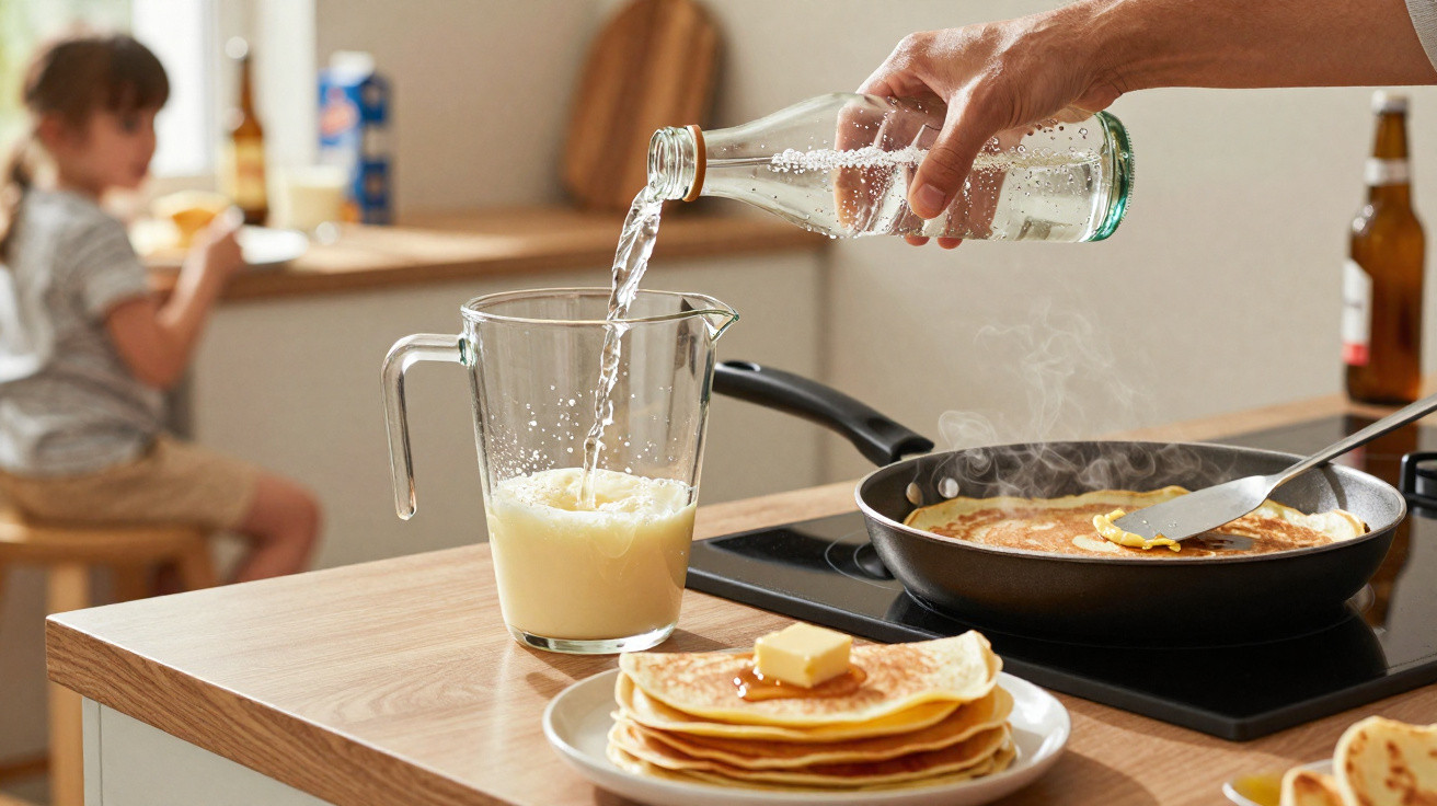 Mão a verter líquido numa jarra, panqueca a cozinhar no fogão e pilha de panquecas com manteiga na cozinha.