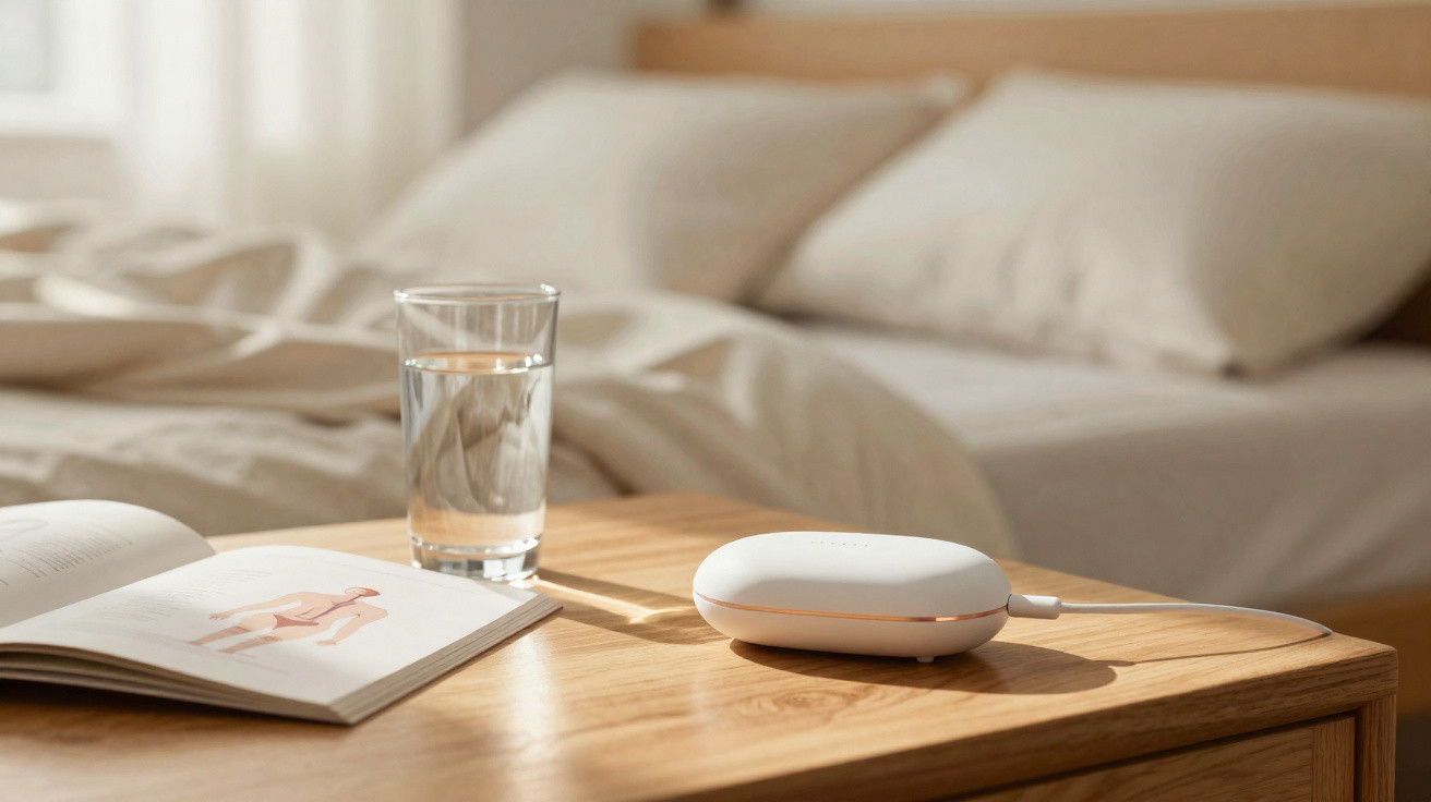 Mesa de cabeceira com um copo de água, livro aberto e dispositivo branco ligado por cabo, cama desfocada ao fundo.