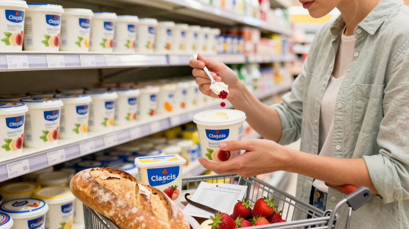 Pessoa segurando iogurte e a colocar frutas vermelhas, com carrinho de compras no supermercado.
