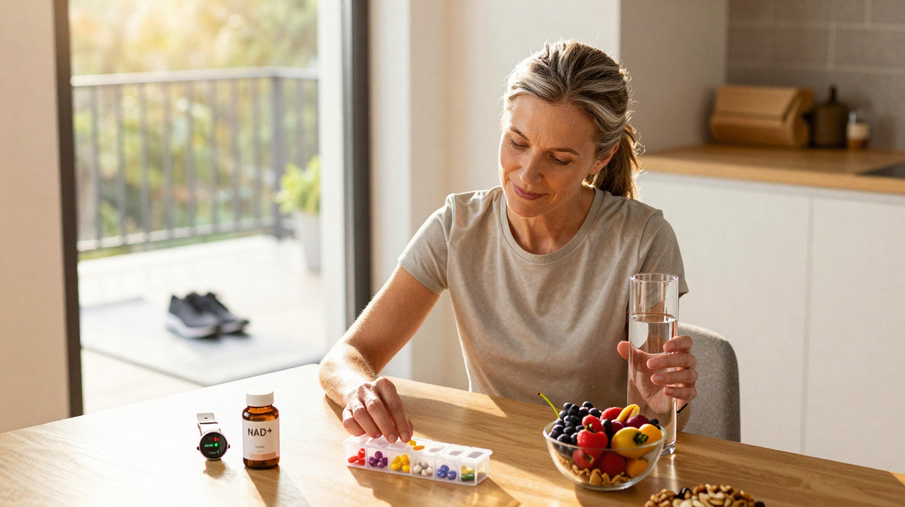 Mulher sentada à mesa a organizar suplementos num doseador com taça de frutas e copo de água.