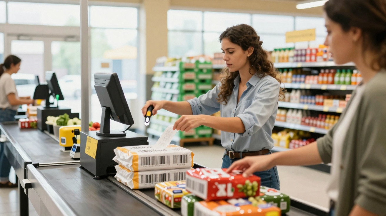 Mulher a passar produtos no caixa de supermercado enquanto outra cliente espera na fila.