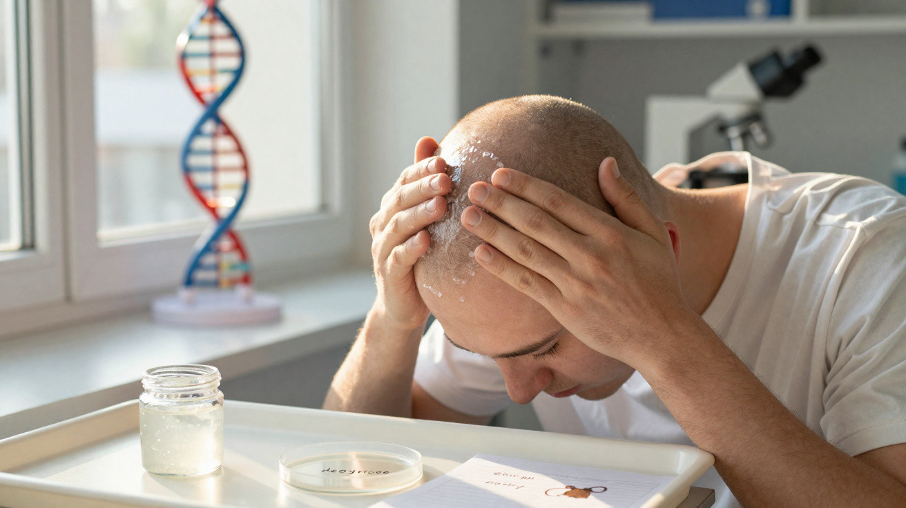 Homem careca aplica creme no couro cabeludo numa mesa com material científico e modelo de DNA ao fundo.