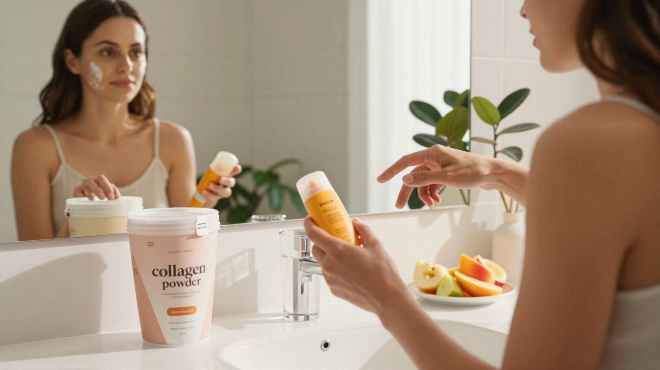 Mulher aplica creme facial no rosto em casa, com produtos de colagénio visíveis na bancada da casa de banho.
