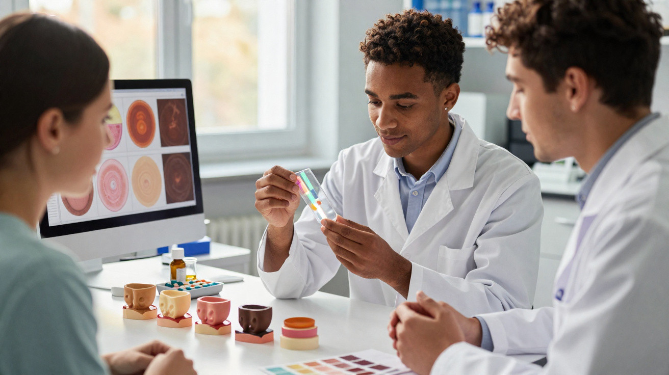 Dois cientistas explicam a uma mulher amostras de diferentes tons de pele numa laboratório.