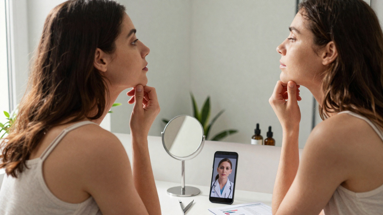 Mulher a fazer consulta médica online sentada à secretária com smartphone e espelho à frente.