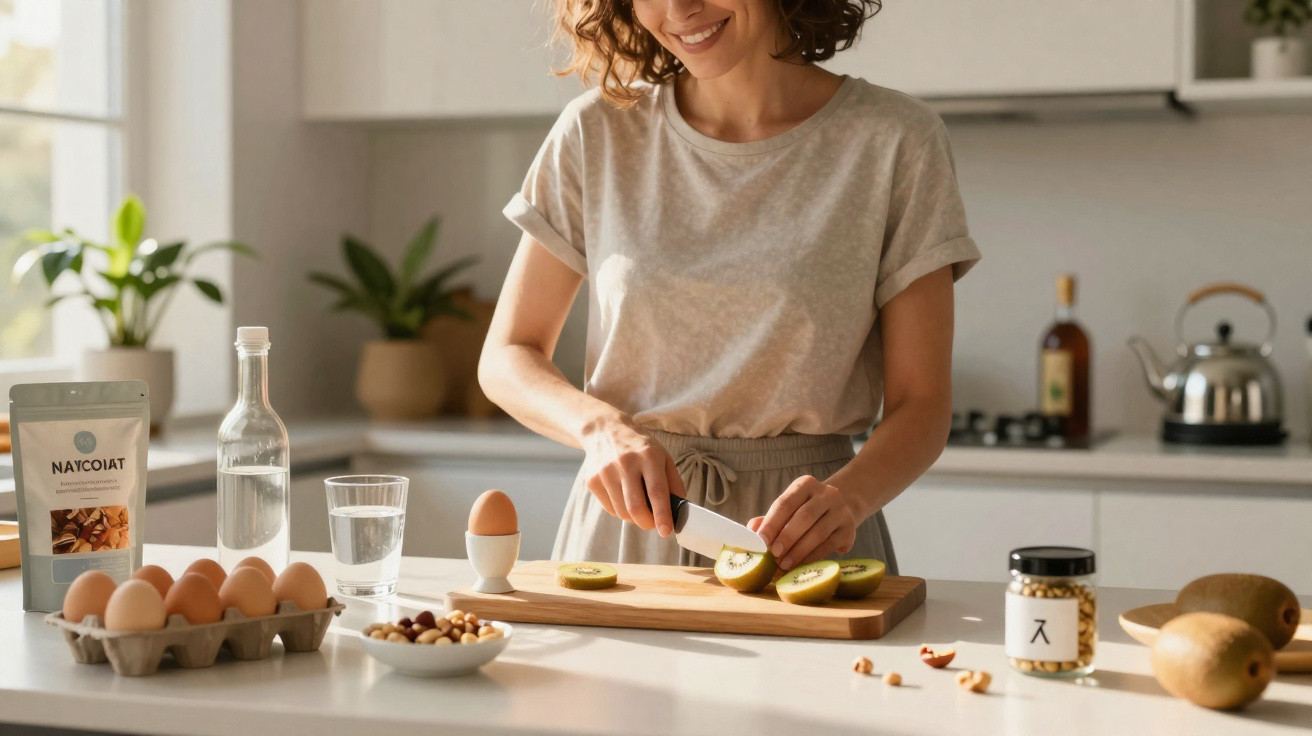 Mulher a cortar kiwi numa cozinha moderna com ovos e frutos secos na bancada.