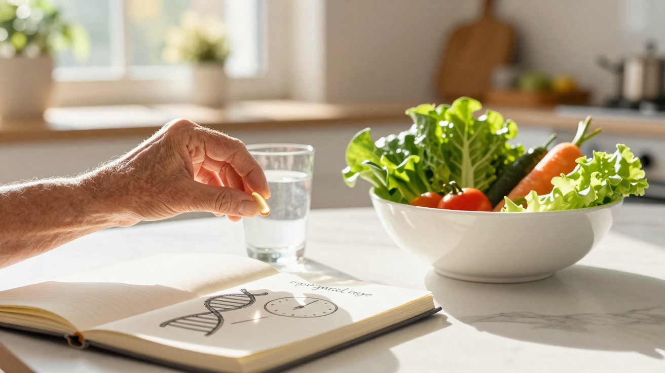 Mão segurando cápsula junto a livro aberto, copo de água e tigela com legumes frescos numa cozinha iluminada.