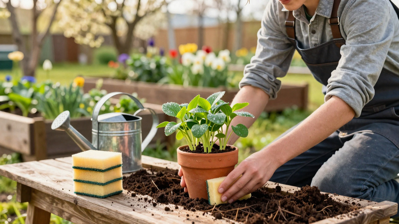 Pessoa a limpar vaso de plantas com esponja num jardim com regador e canteiros ao fundo.