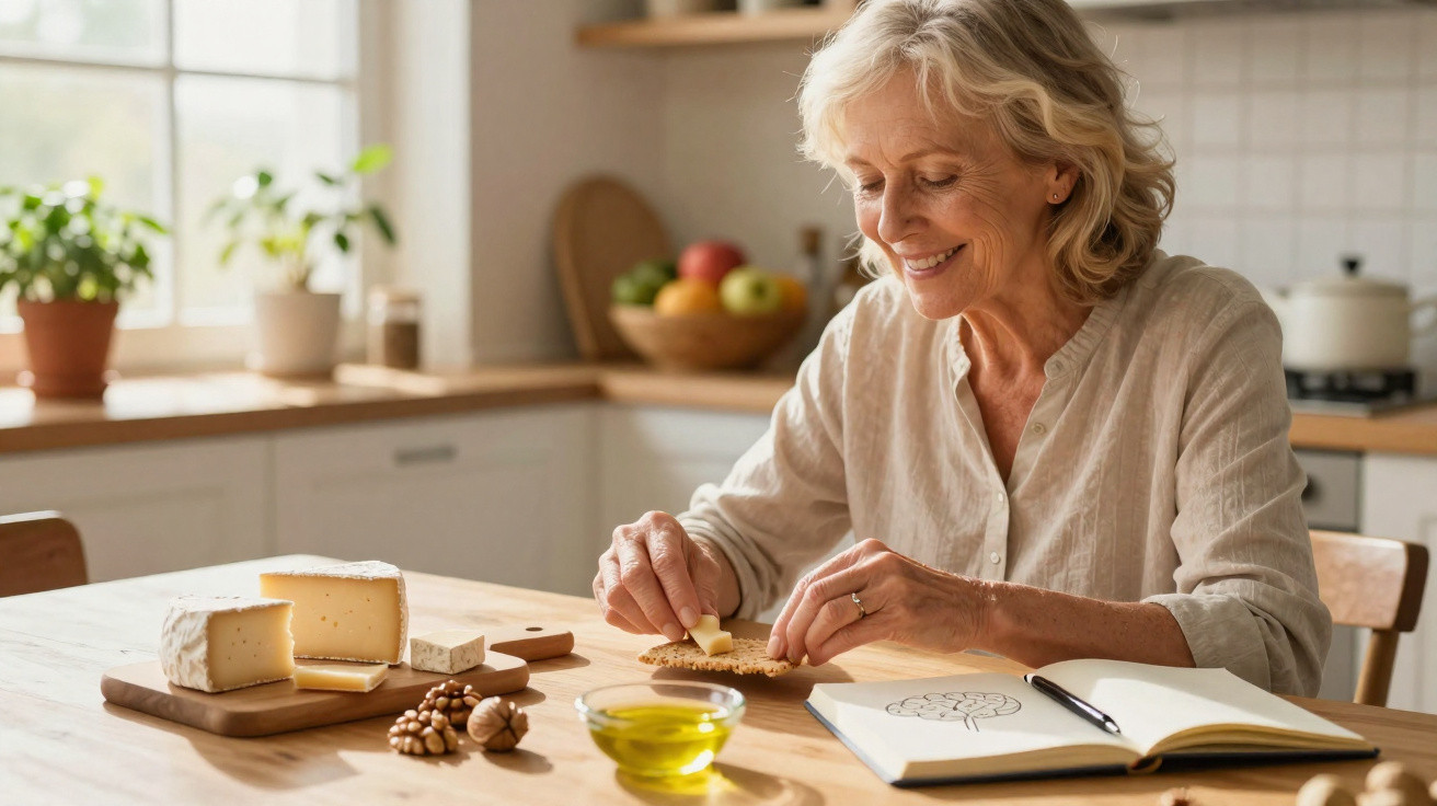 Mulher sorridente a preparar snack com queijo e frutos secos numa cozinha luminosa.