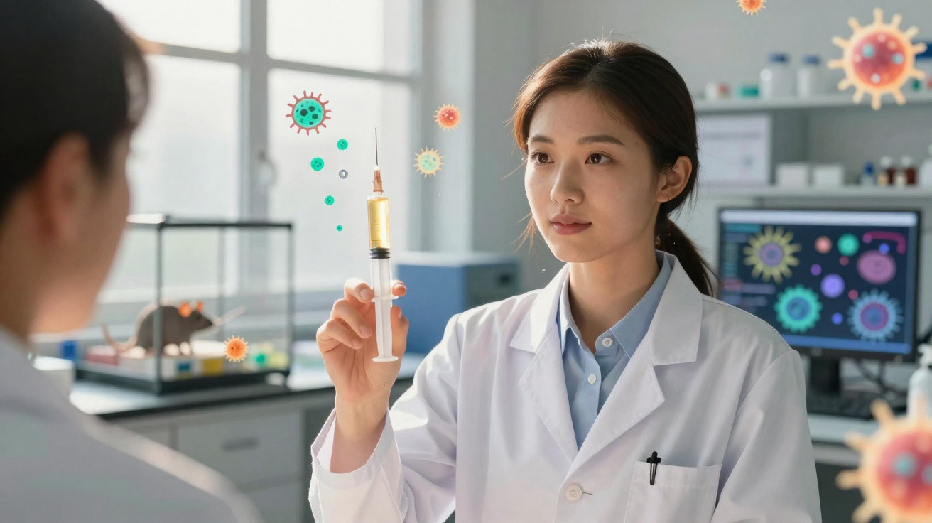 Cientista com bata branca segura seringa com vacina, rodeada por ilustrações coloridas de vírus num laboratório.