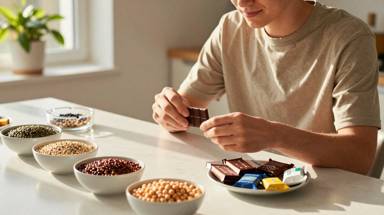 Pessoa sentada a partir quadrados de chocolate, com vários copos de leguminosas sobre mesa iluminada.