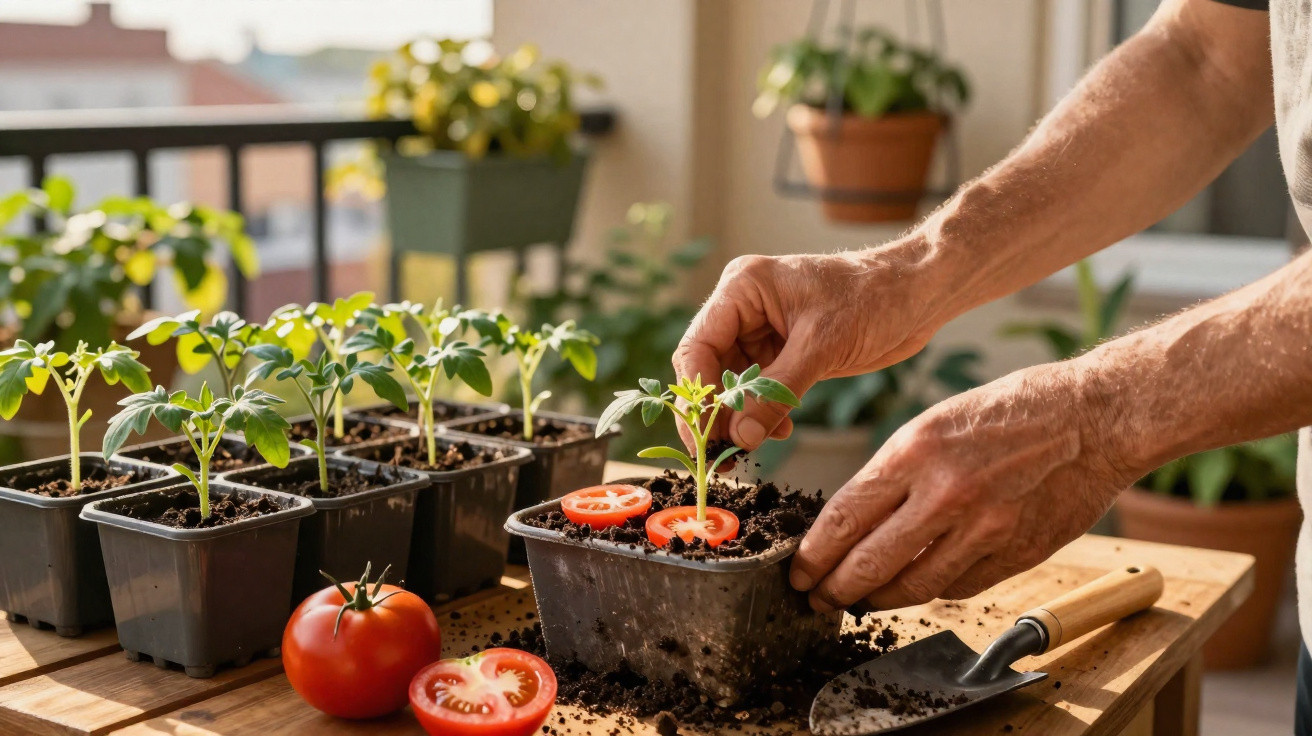 Mãos a transplantar muda de tomateiro em vaso preto numa varanda com mais plantas e tomates maduros.