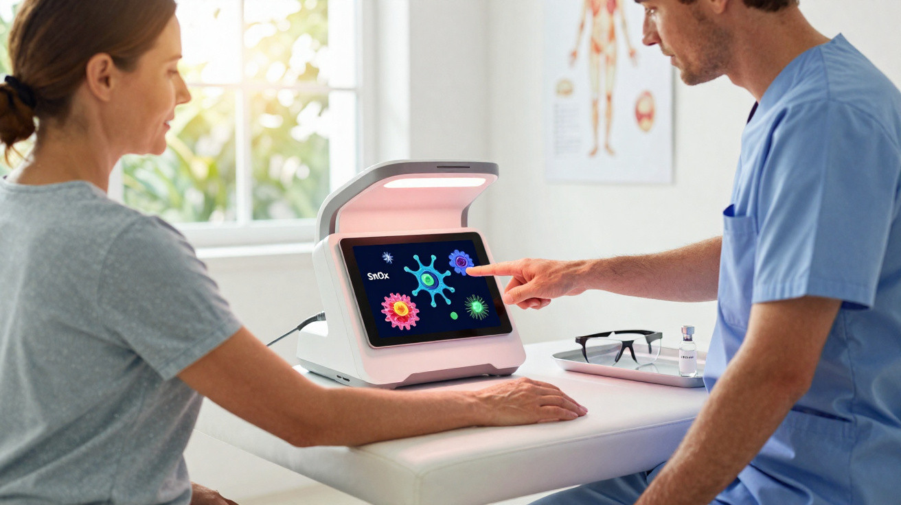 Paciente e médico analisam imagens de vírus num ecrã digital numa consulta médica.