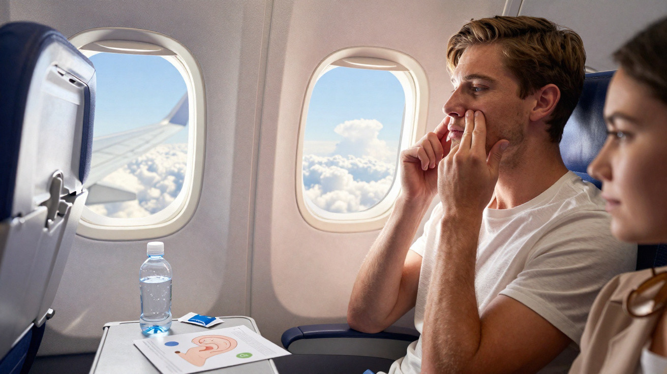 Homem no avião a pressionar os ouvidos para aliviar o desconforto da altitude.